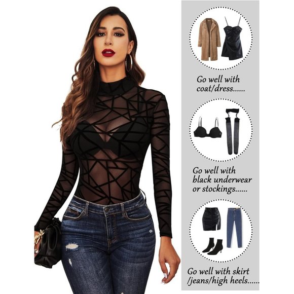 Women Turtleneck Sheer Mesh Bodysuit Geo Print Leotards Long Sleeve - Picture 5 of 7